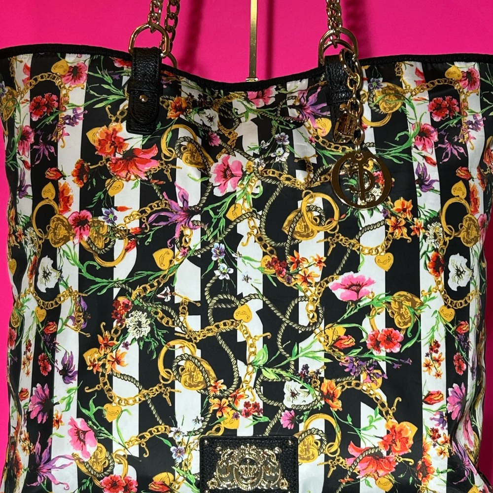 Juicy Couture Black White Striped Floral Chain Print Tote